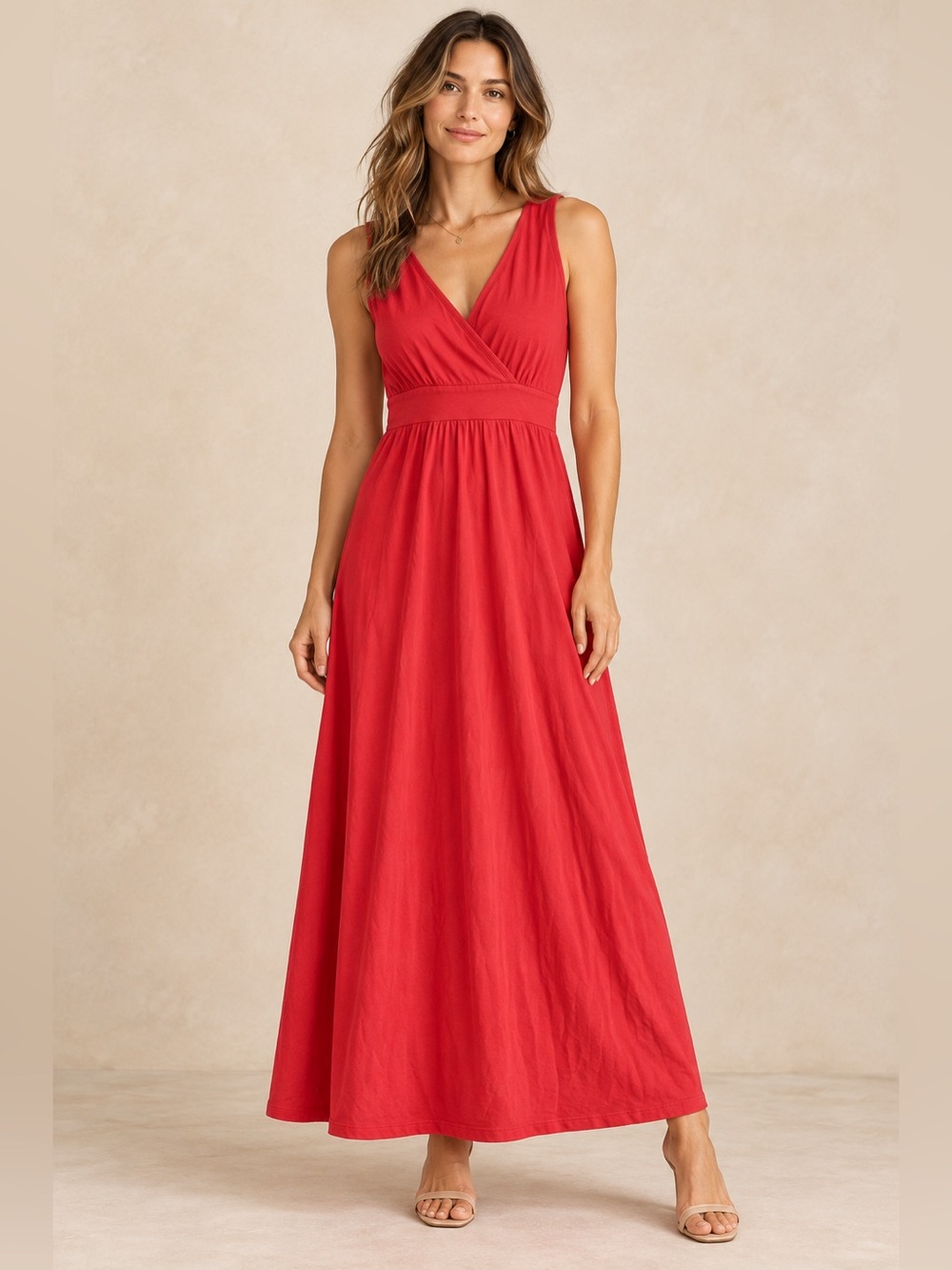 Talbots Women’s S Coral Red Sleeveless Surplice Maxi Dress Cotton Modal.